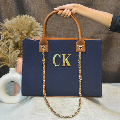 Dark Blue Canvas Chain Tote Metal (2 Initials)