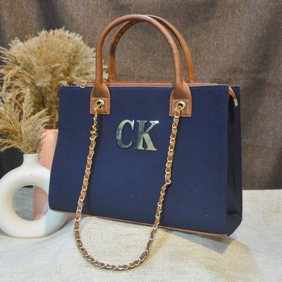 Dark Blue Canvas Chain Tote Metal (2 Initials)