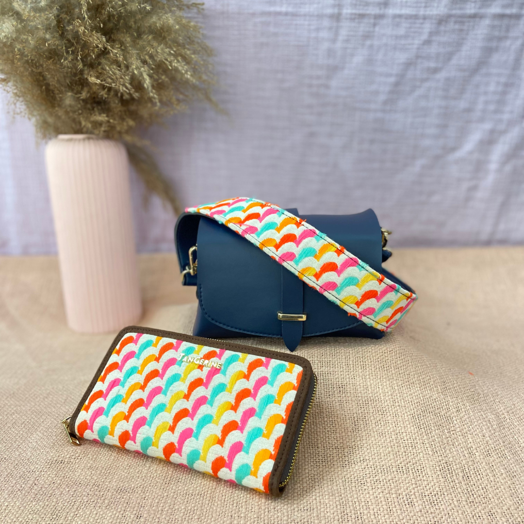 Dark Blue Eva Bag with Colorful Wave Belt + Big Wallet