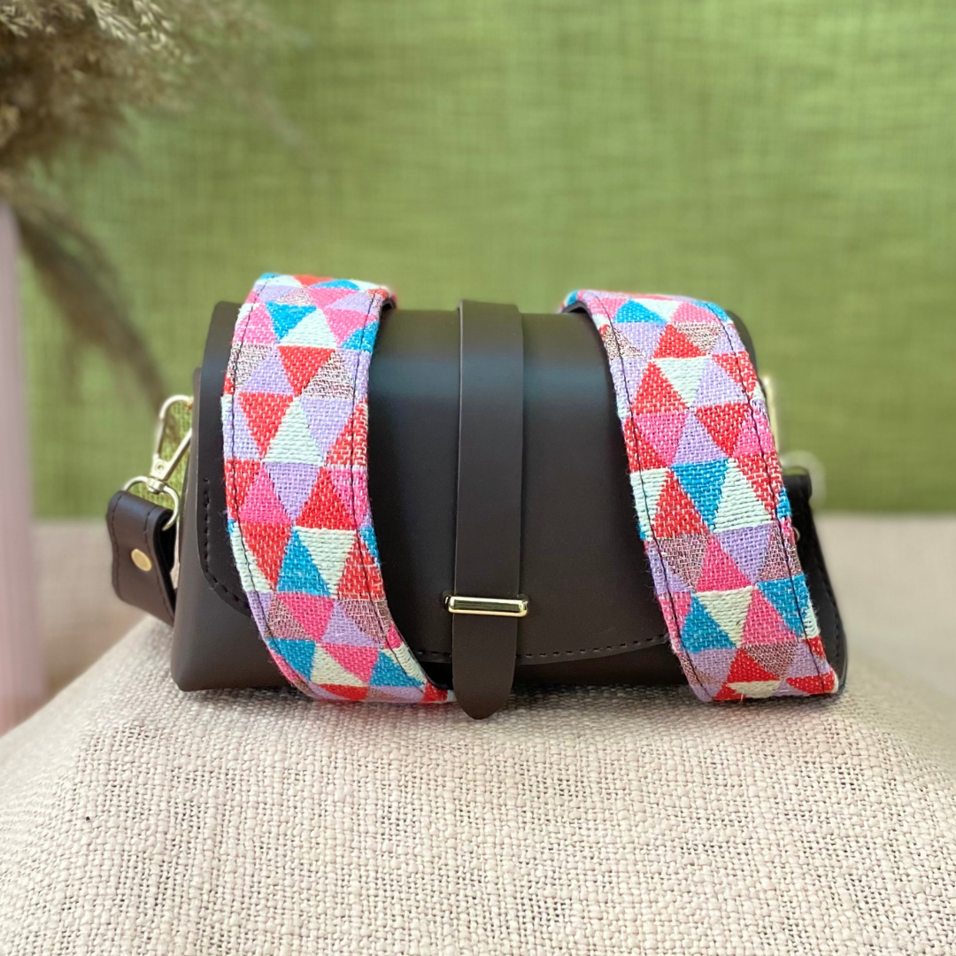 Dark Brown Eva Bag with Pink Multi-color Belt.