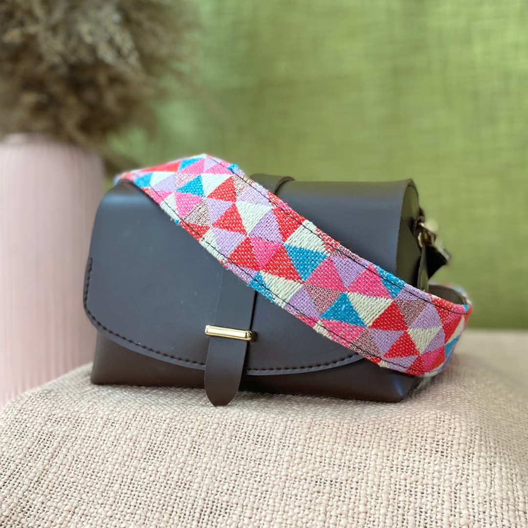 Dark Brown Eva Bag with Pink Multi-color Belt.