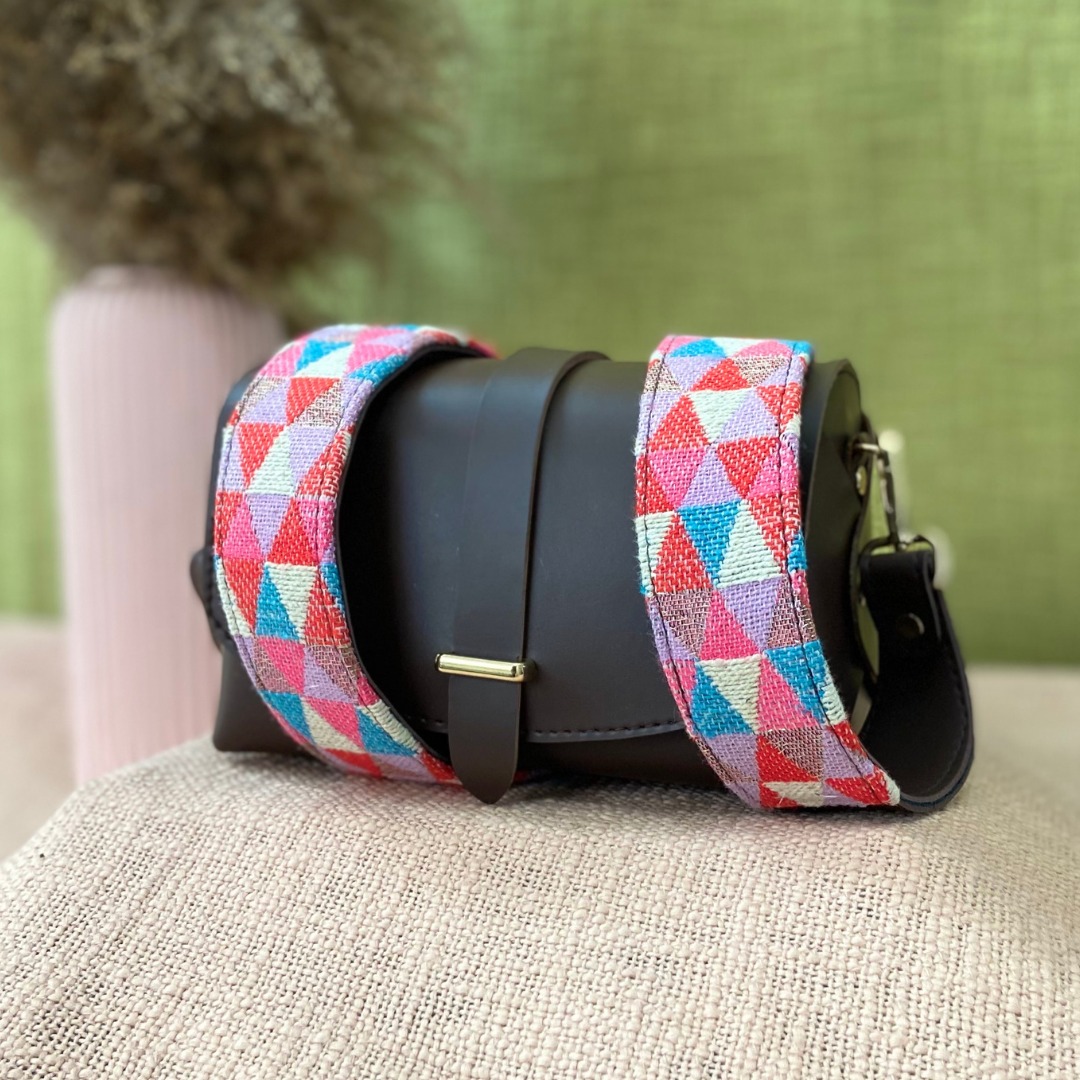 Dark Brown Eva Bag with Pink Multi-color Belt.