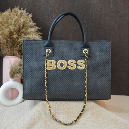 Dark Grey Chain Tote Handwork Full Name (1 Line Initials)