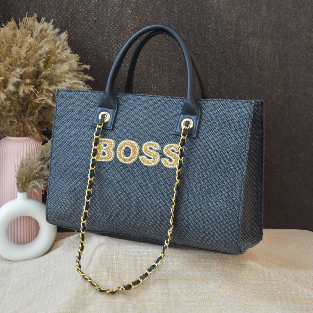 Dark Grey Chain Tote Handwork Full Name (1 Line Initials)