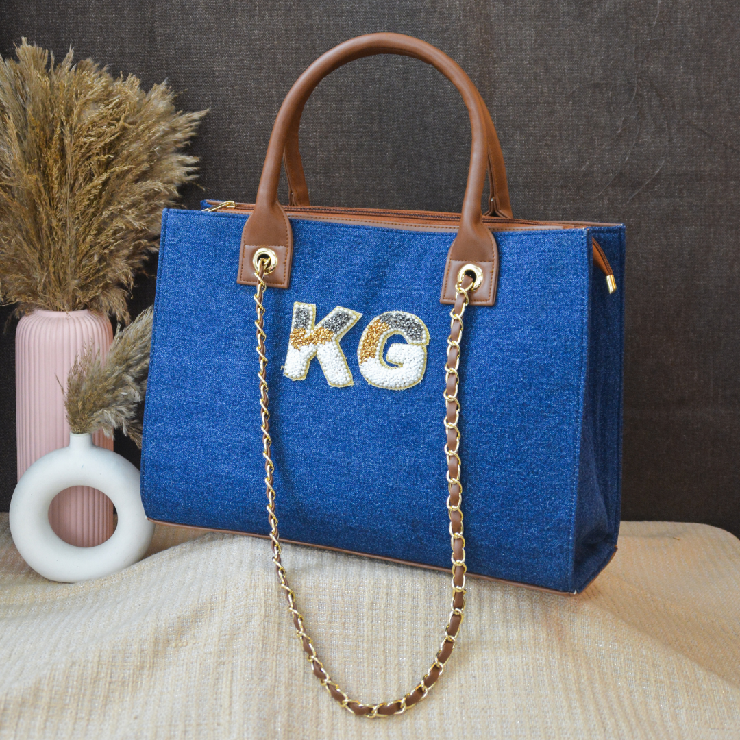 Denim Chain Tote Tri-color Handwork (2 initials)