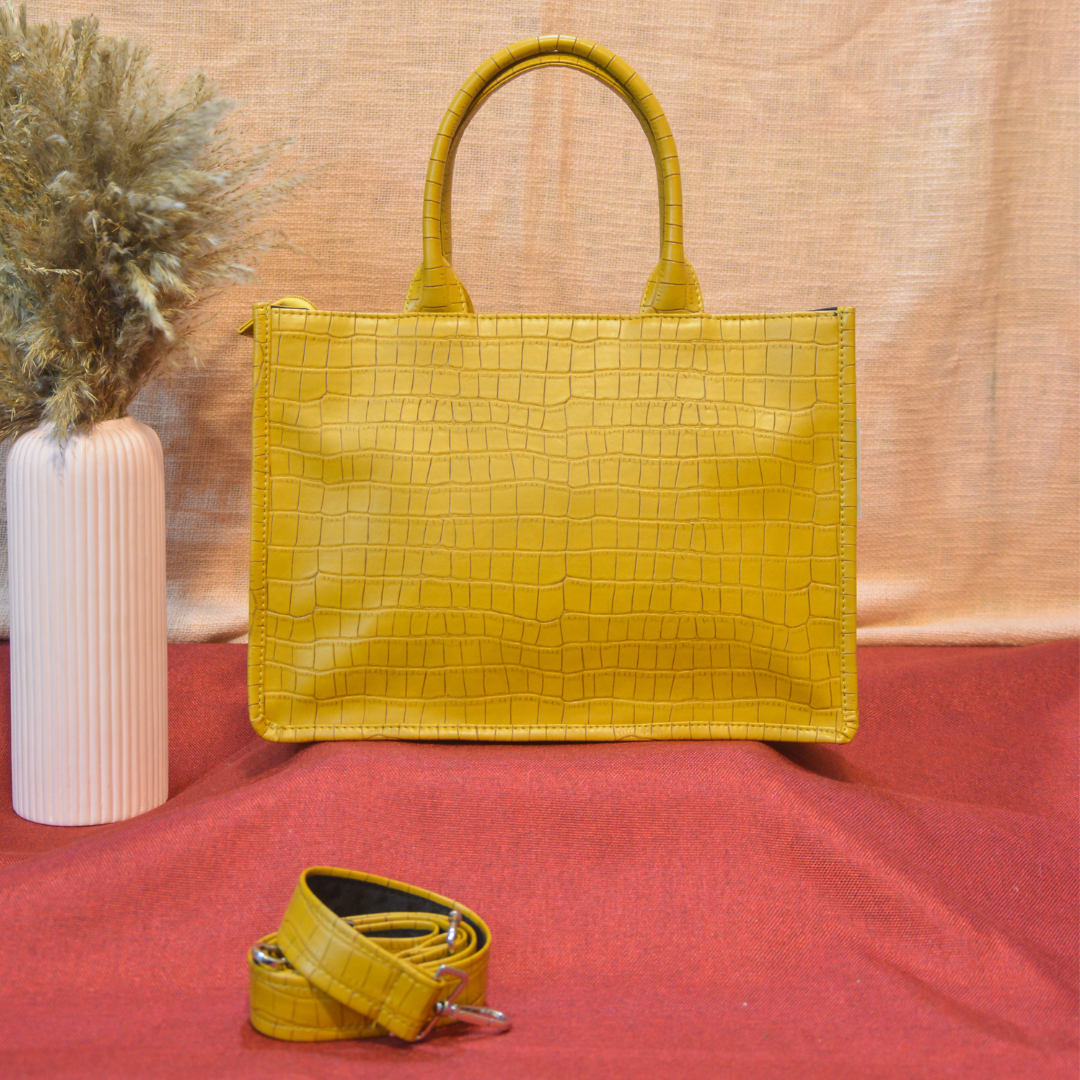 Emmy Mustard Yellow Croc Medium Size Tote Bag.
