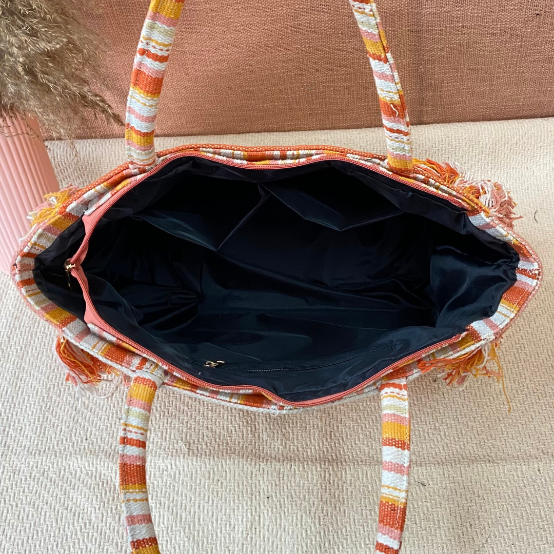 Emmy Orange Multi-color Sheds Fringe Style XL Tote Bag