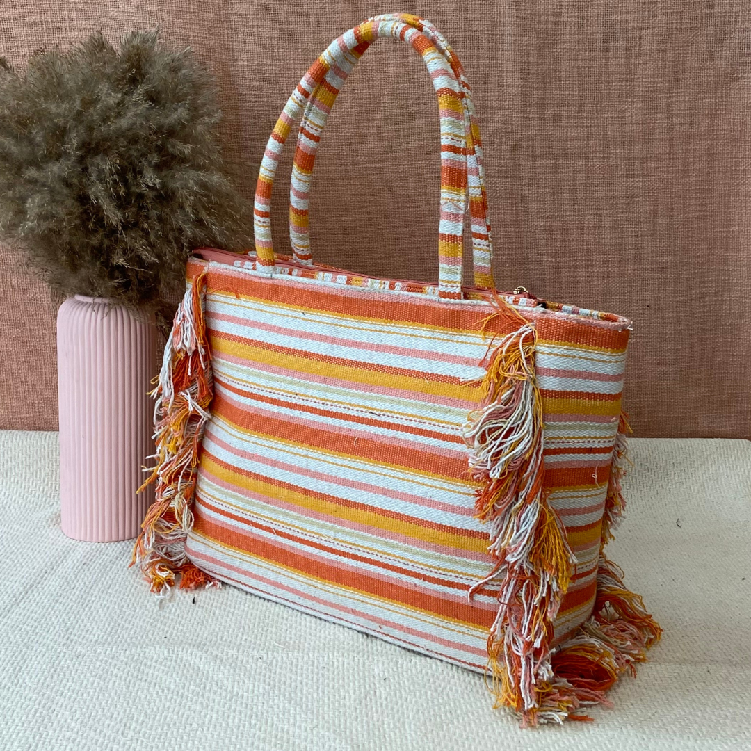 Emmy Orange Multi-color Sheds Fringe Style XL Tote Bag