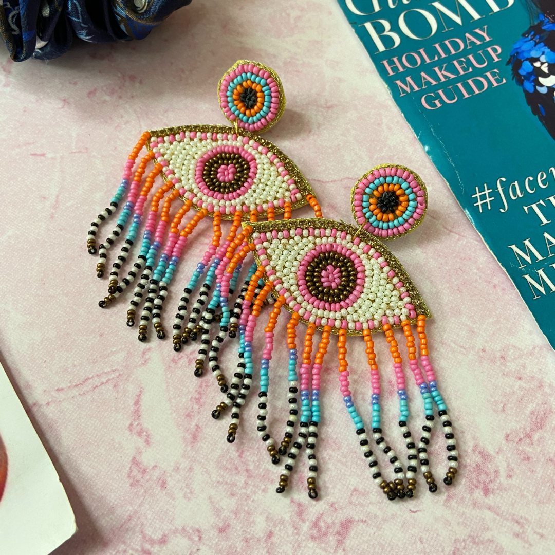 Evil Eye Pink Tassel Earrings