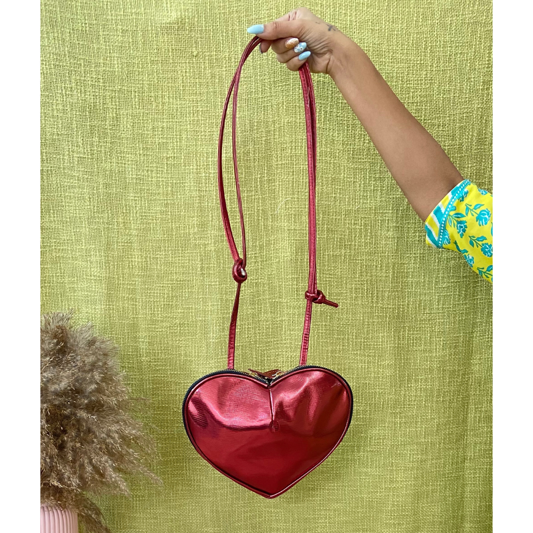 Handmade Heart Shaped Purse With Wooden Handle, Small Red Velvet Purse