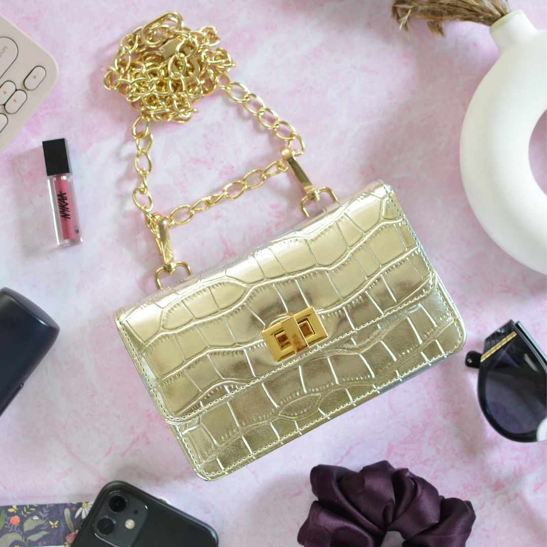 Gold Clip On Phone Size Waist Cum Sling Bag