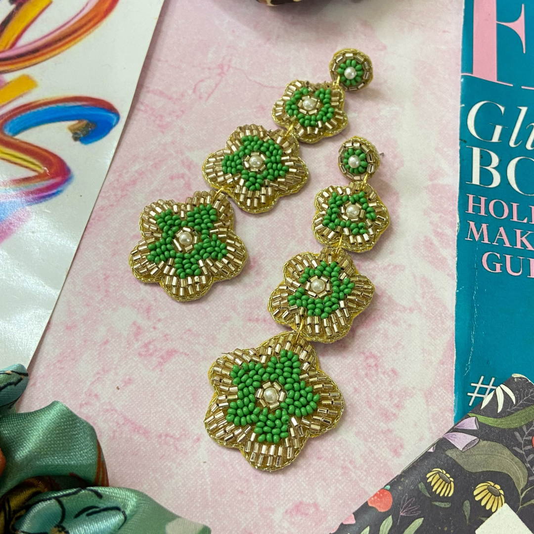 Green &amp; Gold Floral Drop Earring