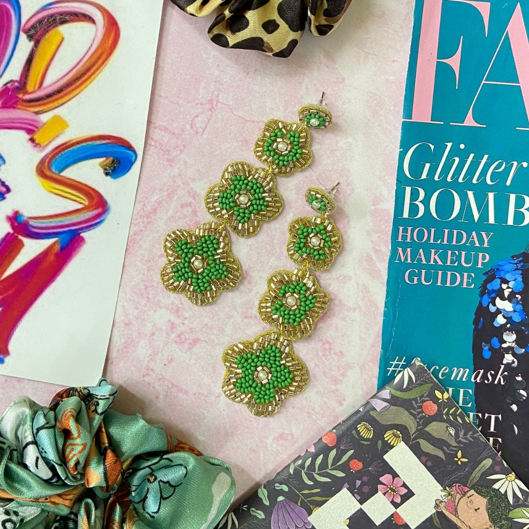 Green &amp; Gold Floral Drop Earring