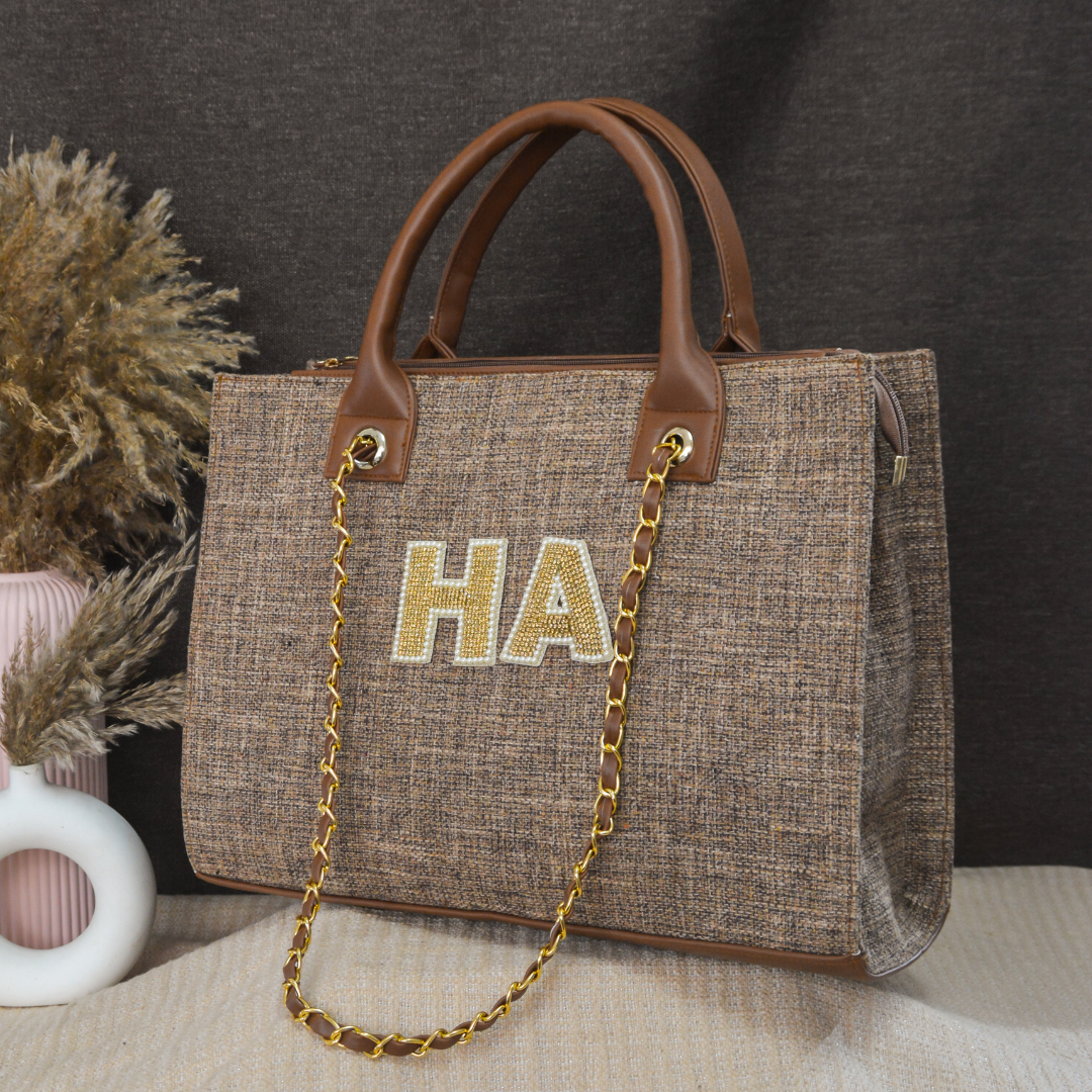 Light Brown Chain Tote Handwork (2 Initials)