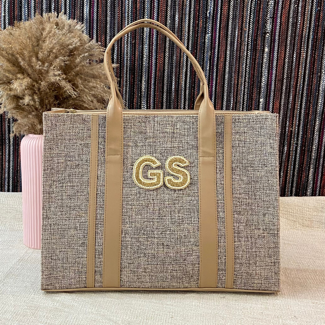 Light Brown Monogram Book Tote Handwork Initials