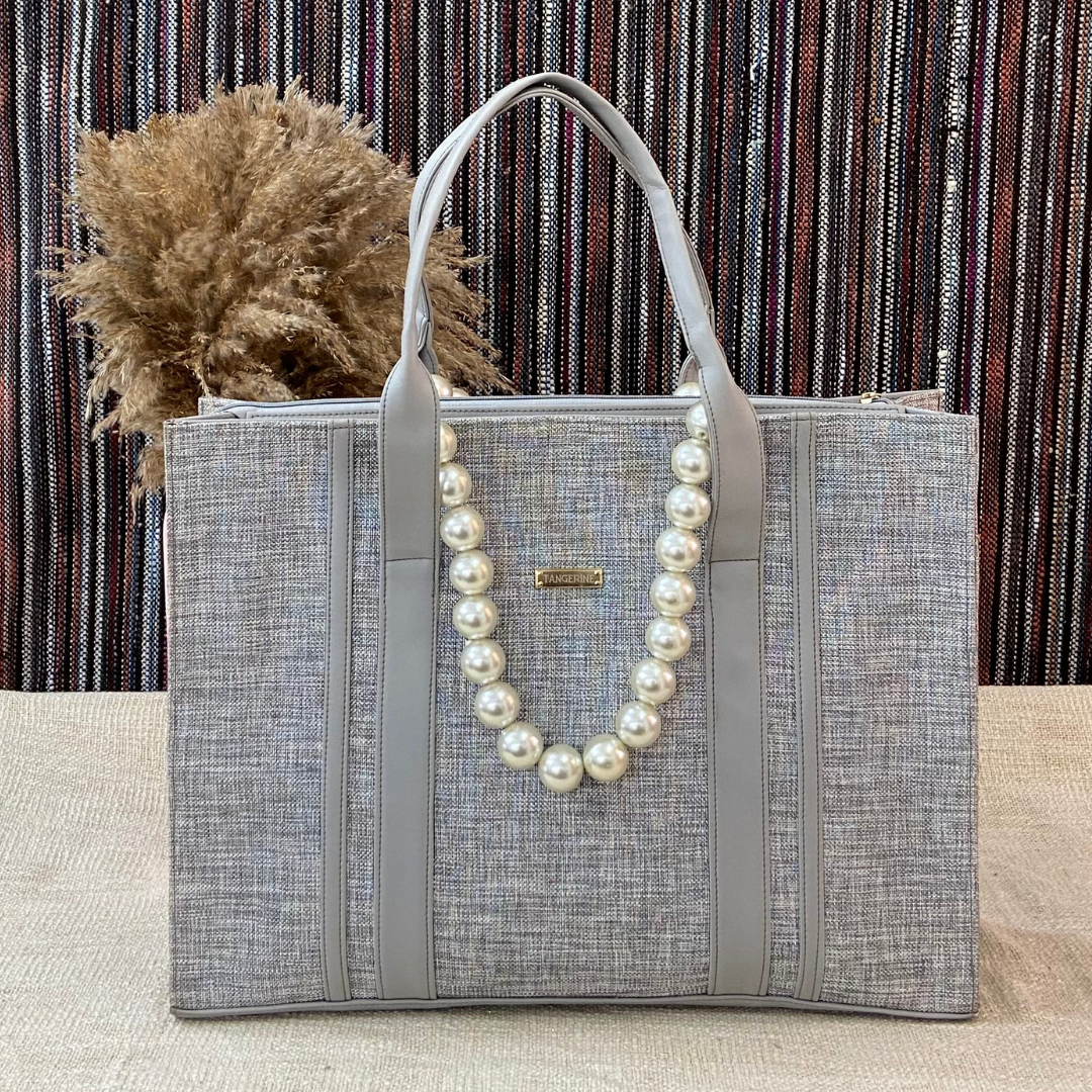 Metallic Grey Monogram Book Tote Metal Initials