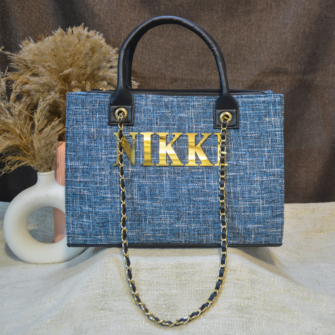 Midnight Blueberry Chain Tote Full Name Metal (1 Line Initials)