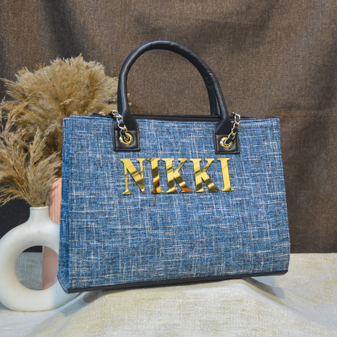 Midnight Blueberry Chain Tote Full Name Metal (1 Line Initials)