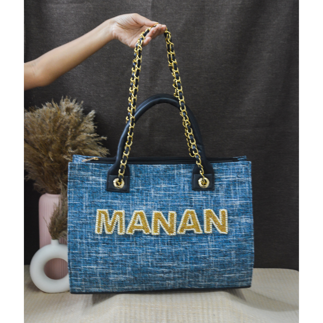 Midnight Blueberry Chain Tote Full Name Handwork (1 Line Initials)