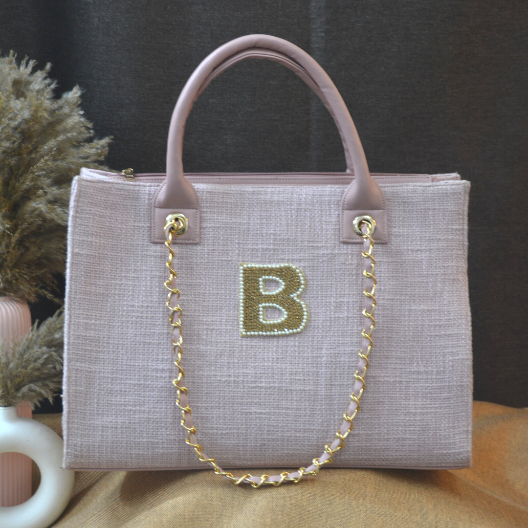 Pastel Pink Chain Tote Handwork 3inch (1 Initial)