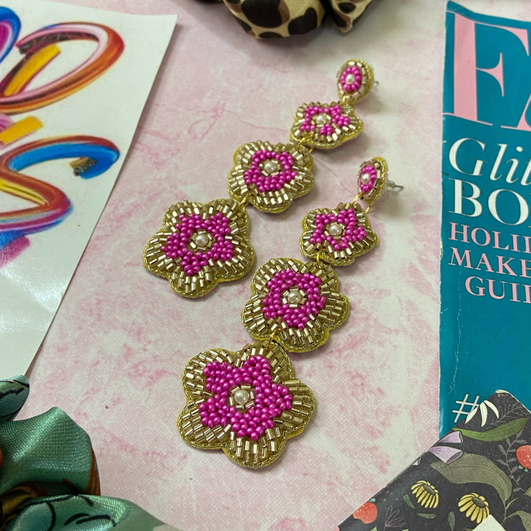Pink &amp; Gold Floral Drop Earring