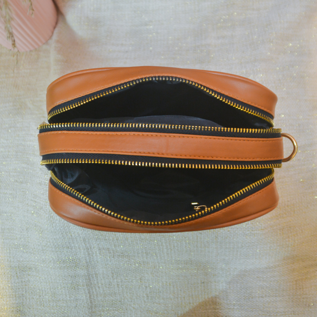 Tan Dual Compartment Bag with Tan Pink Bullet Belt.