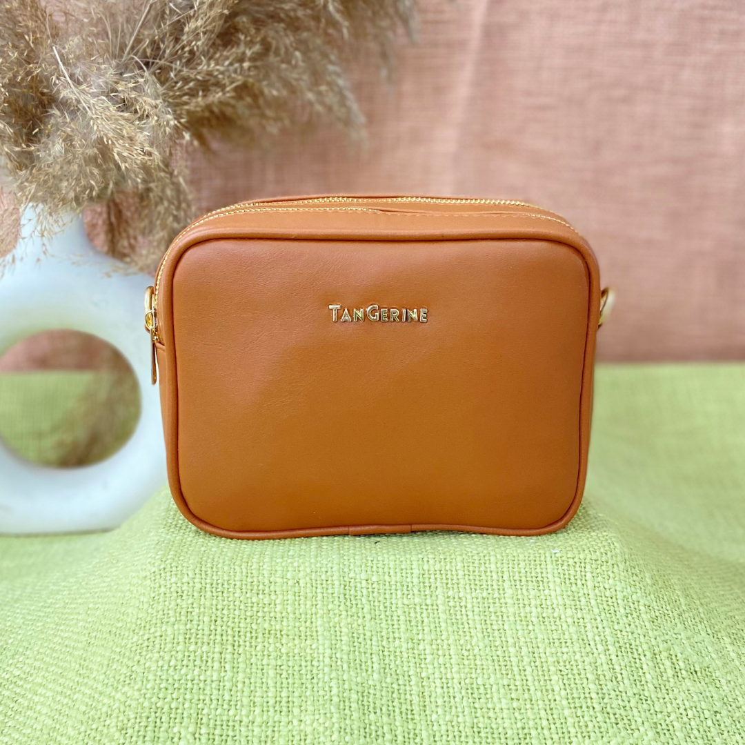 Tan Dual Compartment Bag with Tan Vibrant Belt + Big Wallet Combo