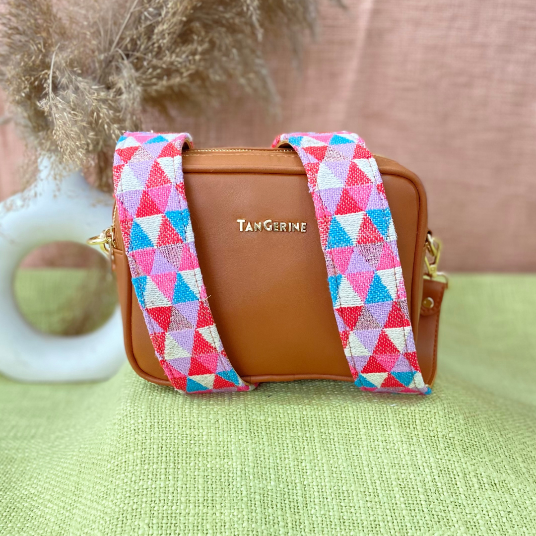 Tan Dual Compartment Bag with Pink Multi-color Triangle Belt + Mini Wallet Combo