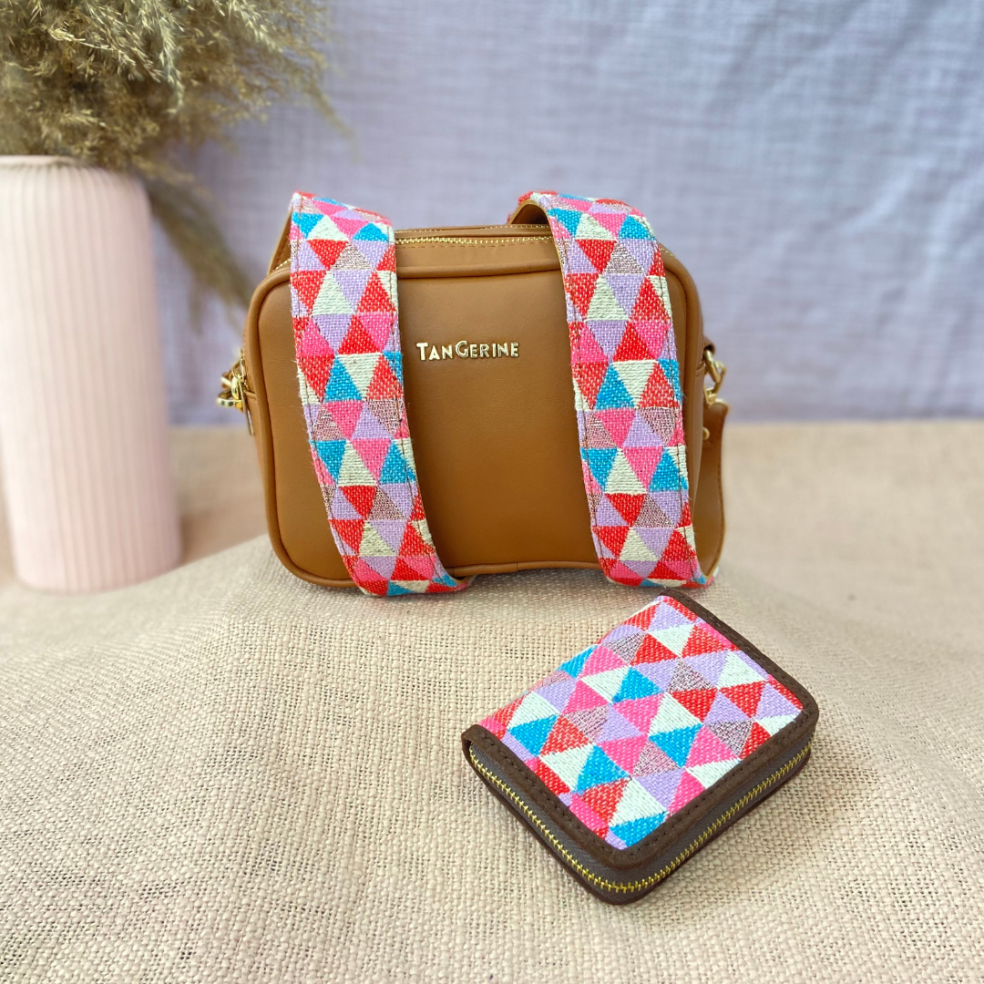 Tan Dual Compartment Bag with Pink Multi-color Triangle Belt + Mini Wallet Combo