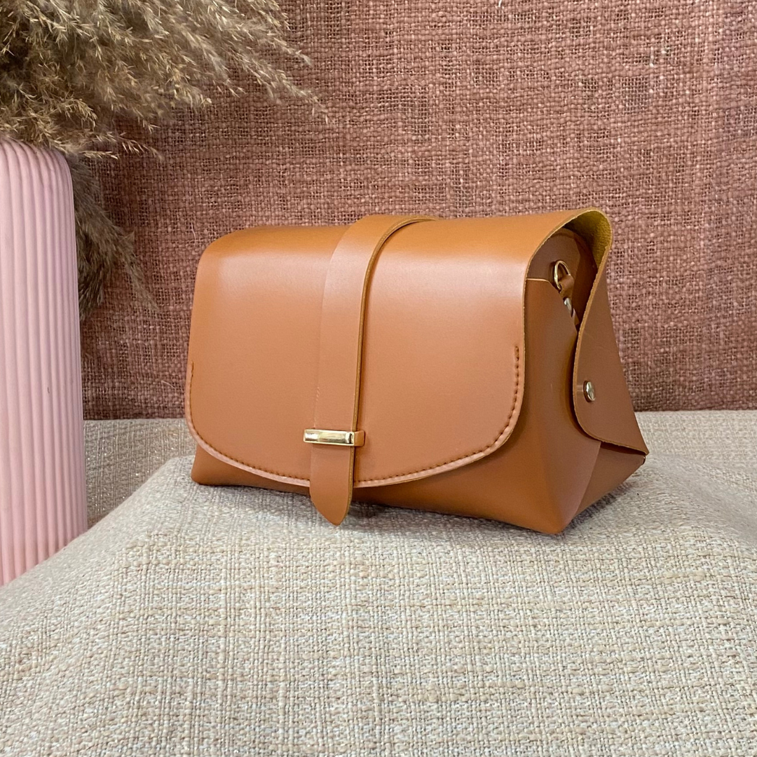 Tan Eva Bag with Pink Multi-color Triangle Belt + Mini Wallet