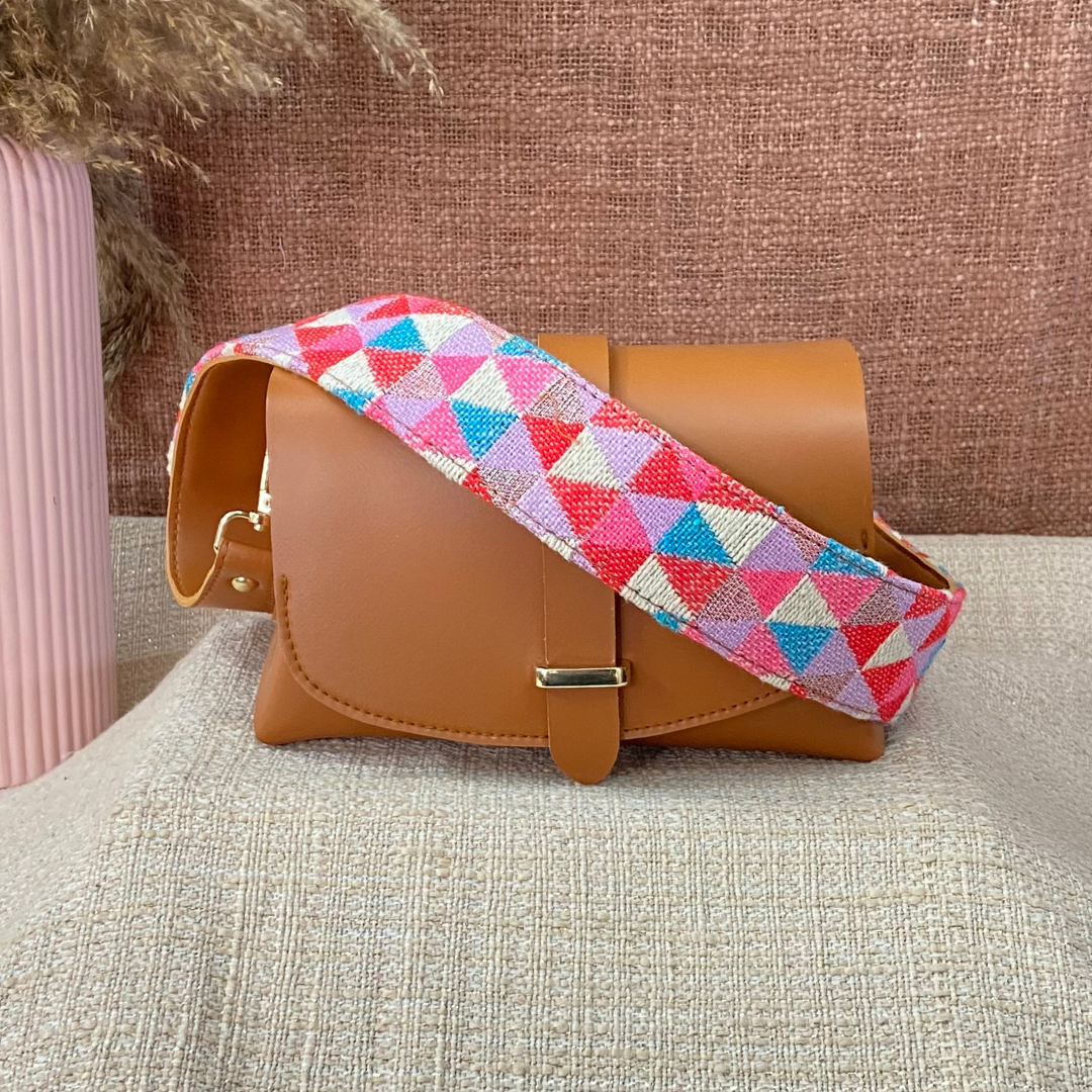 Tan Eva Bag with Pink Multi-color Triangle Belt + Mini Wallet