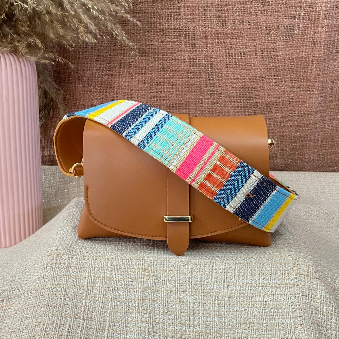 Tan Eva Bag with Vibrant Belt + Mini Wallet