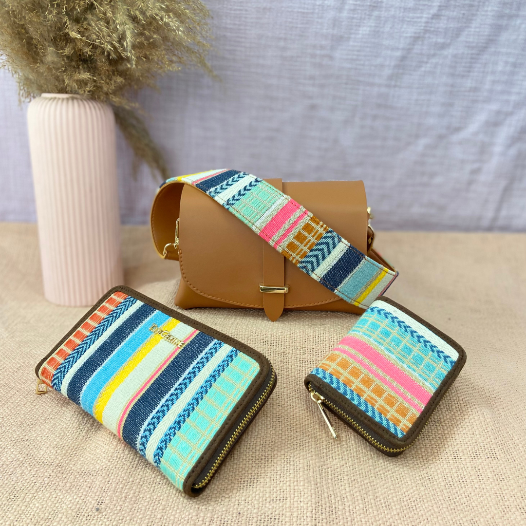 Tan Eva Bag with Vibrant Belt +Big & Mini Wallet Combo