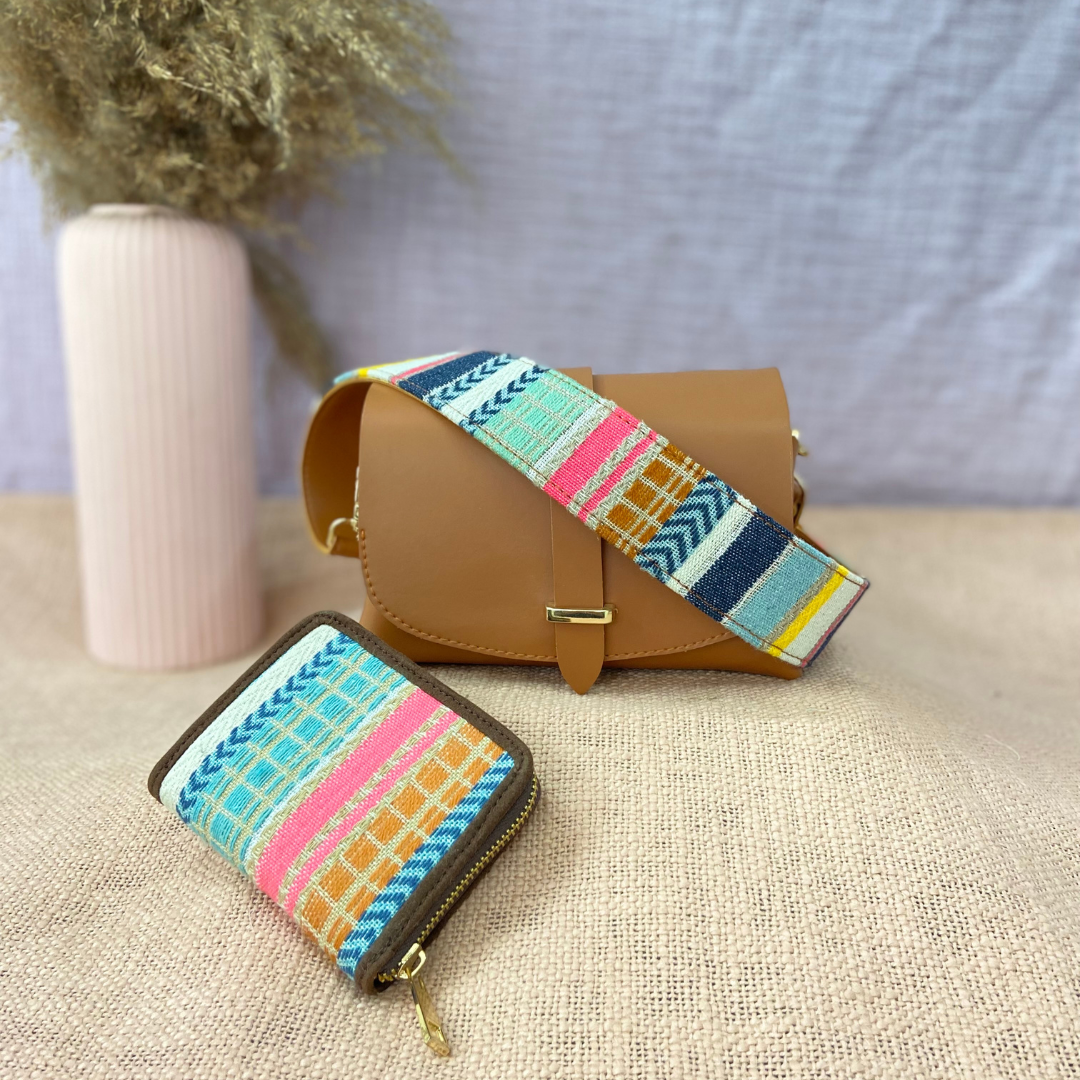 Tan Eva Bag with Vibrant Belt + Mini Wallet
