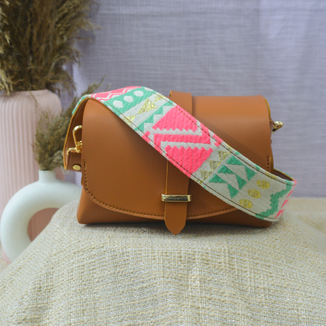 Tan Eva Bag with Neon Belt.