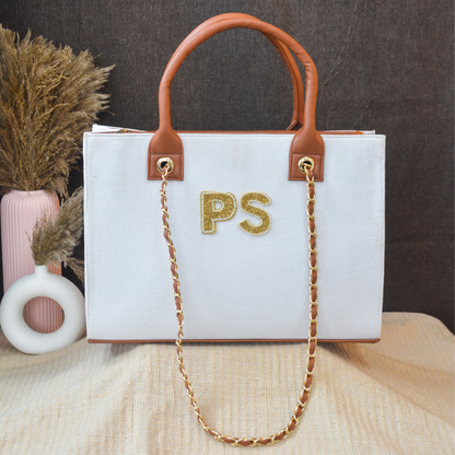 White Chain Tote Handwork (2 Initials)