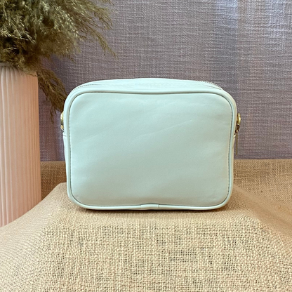 White Dual Compartment Sling Bag with Pink &amp; Mint Diamond Belt