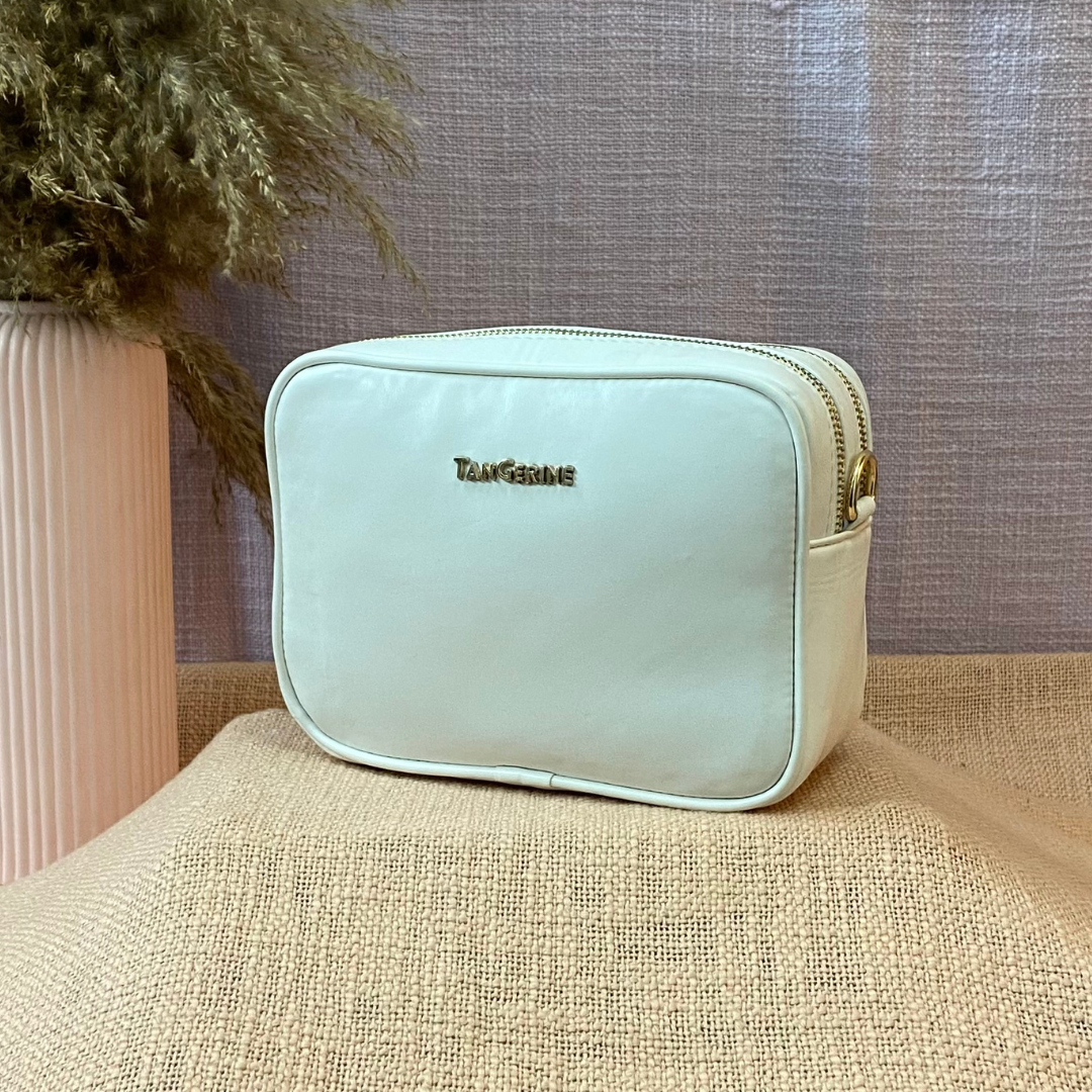 White Dual Compartment Sling Bag with Pink &amp; Mint Diamond Belt
