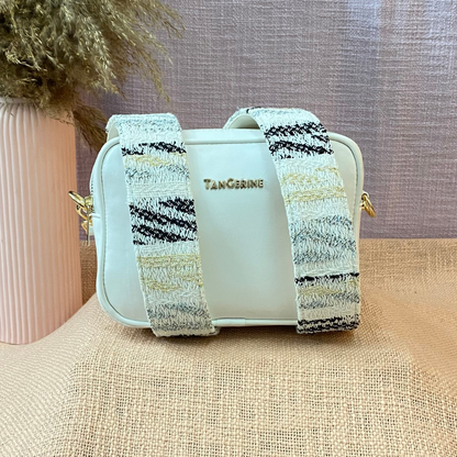 White Dual Compartment Sling Bag with Black &amp; White Tribal Belt