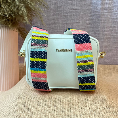 White Dual Compartment Sling Bag with Multi-color Lines Belt