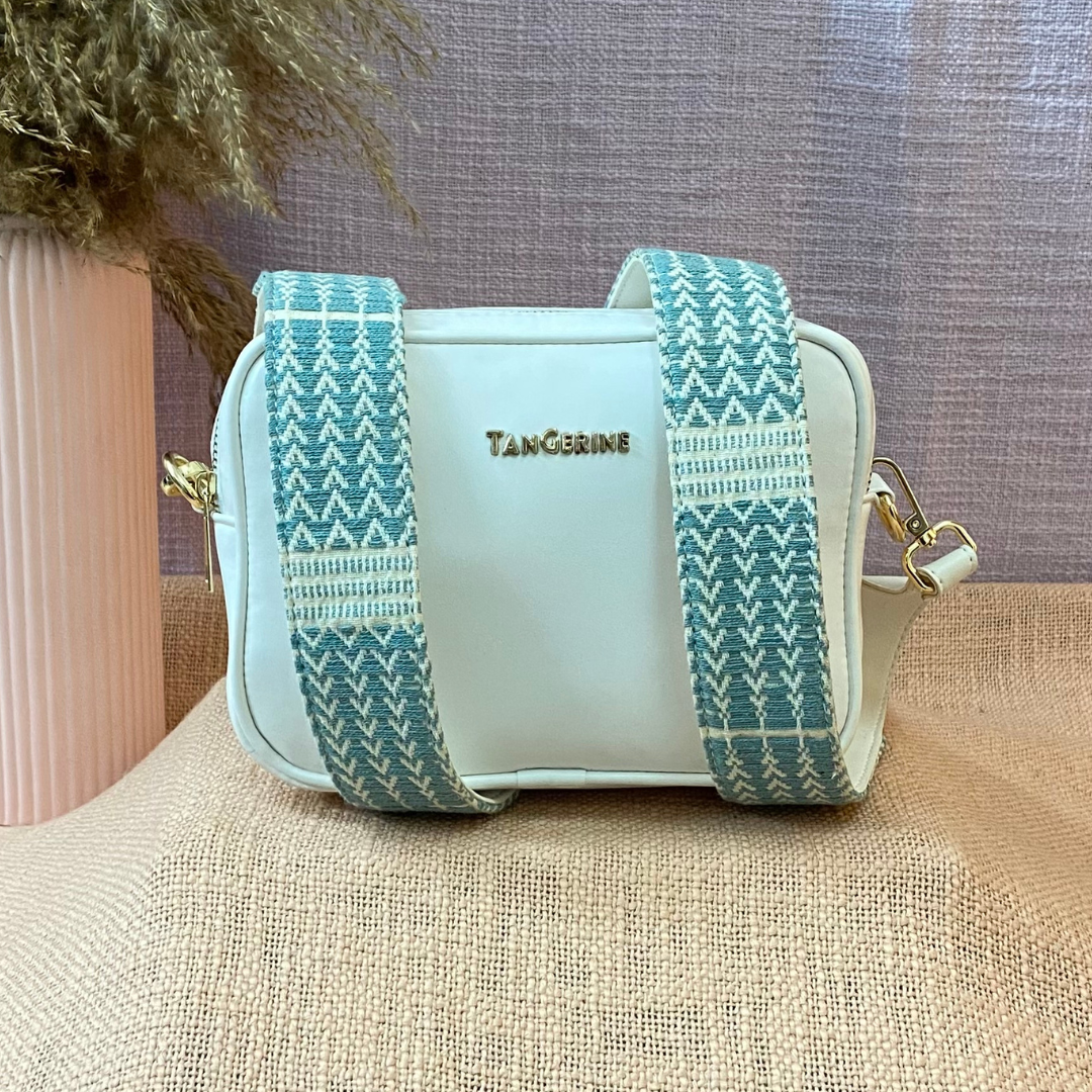 White Dual Compartment Sling Bag with Sea Blue &amp; White Belt