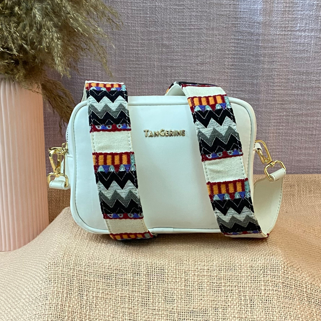 White Dual Compartment Sling Bag with Tribal Belt