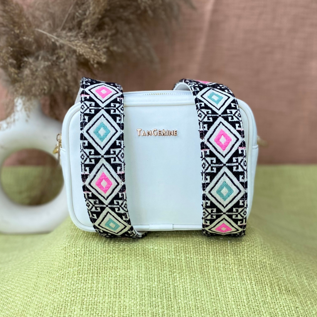 White Dual Compartment Sling Bag with Pink &amp; Mint Diamond Belt