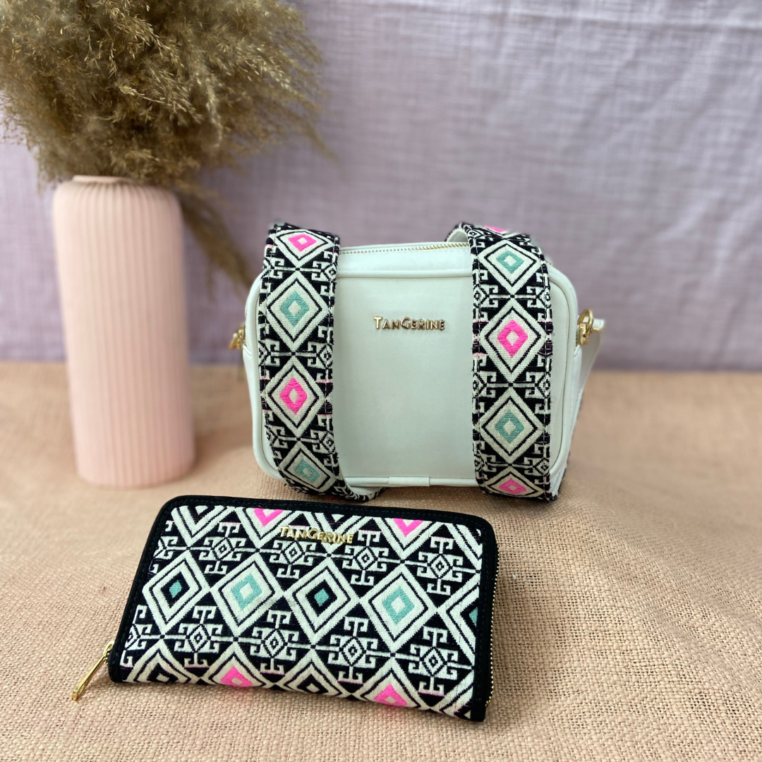 White Dual Compartment Sling Bag with Pink &amp; Mint Diamond Belt + Big Wallet