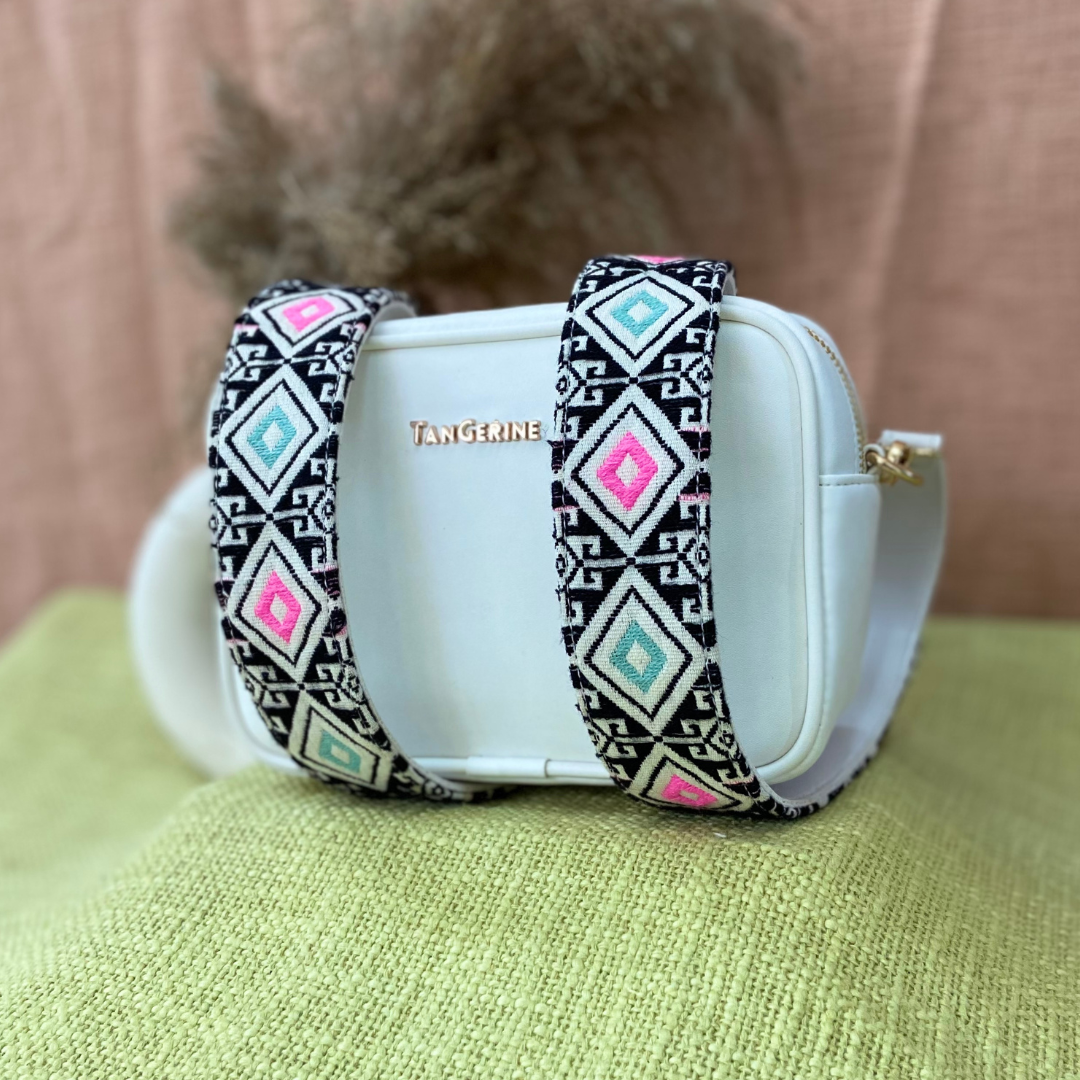 White Dual Compartment Sling Bag with Pink &amp; Mint Diamond Belt + Big Wallet