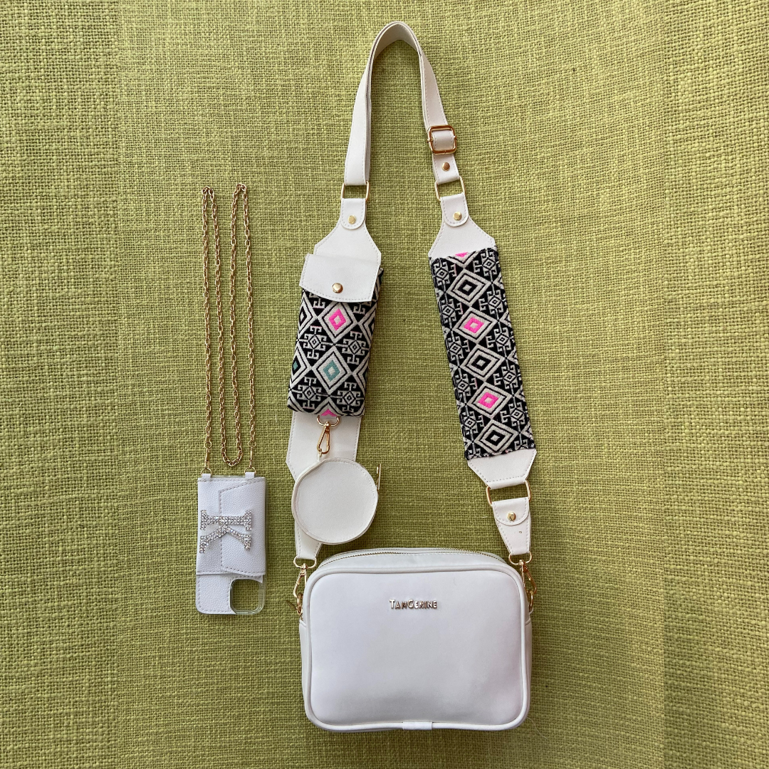 White Dual Compartment + White Multi-color Diamond Cloth on Pocket Pochette Belt with Phone Case