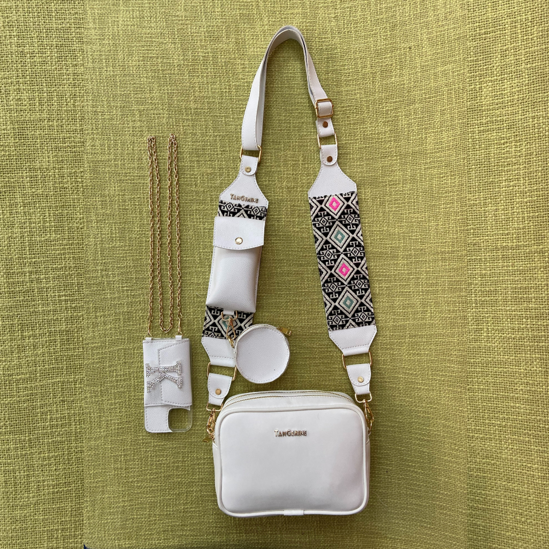 White Dual Compartment + White Multi-color Diamond Pochette Belt with Phone Case