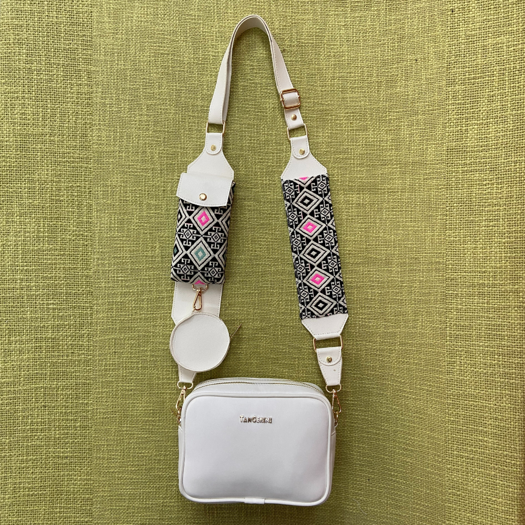 White Dual Compartment + White Pink & Mint Diamond Cloth on Pocket Pochette Belt