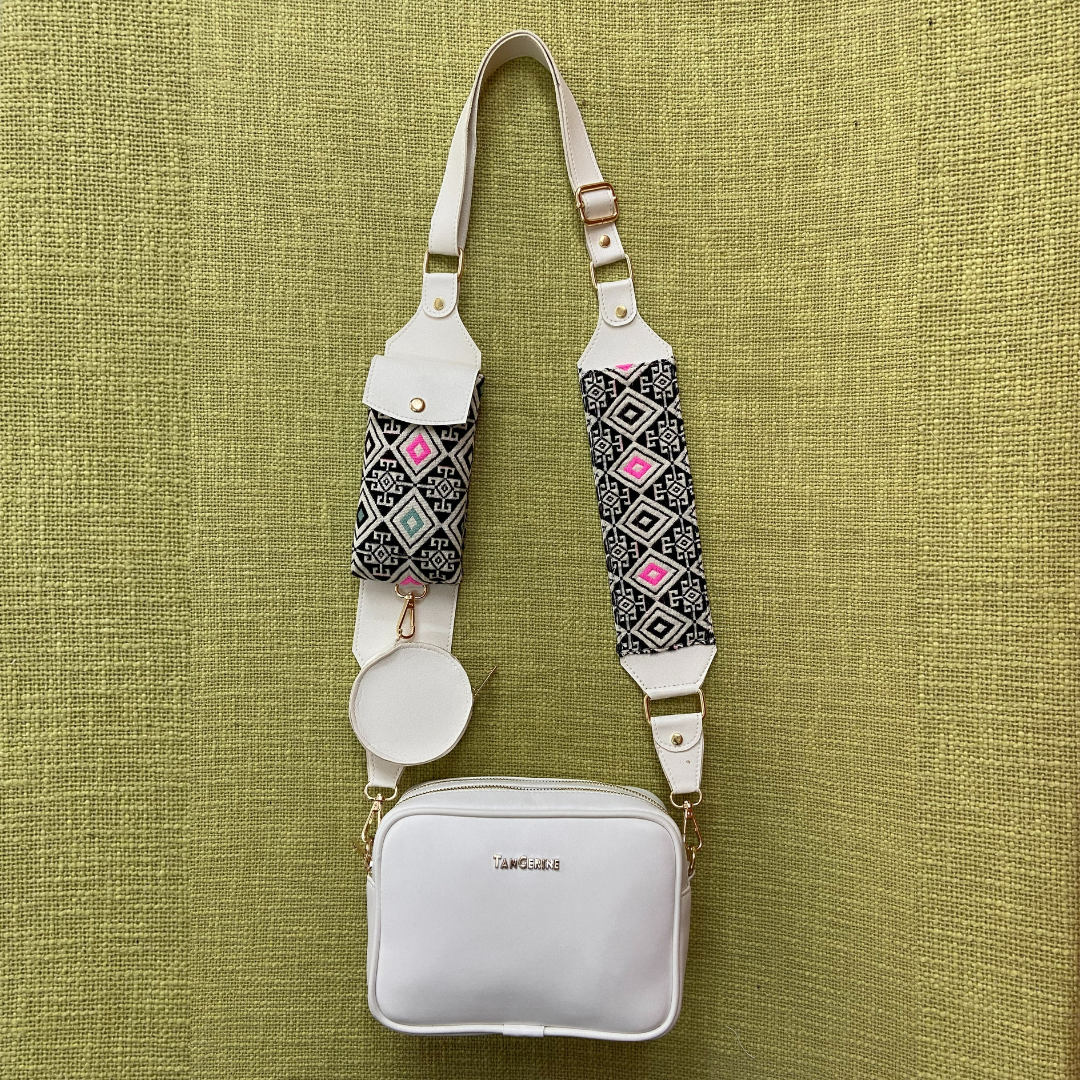 White Dual Compartment + White Pink &amp; Mint Diamond Cloth on Pocket Pochette Belt