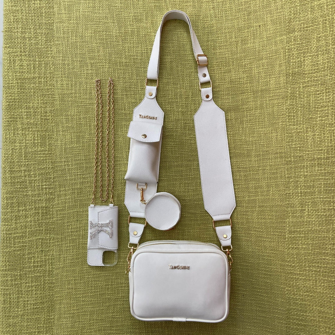 White Dual Compartment + White Plain Pochette Belt with Phone Case